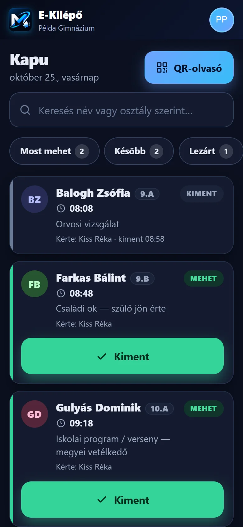 Az E-Kilépő kapu-nézete a portás telefonján: a kilépők listája, egy nagy „Kiment” gombbal.